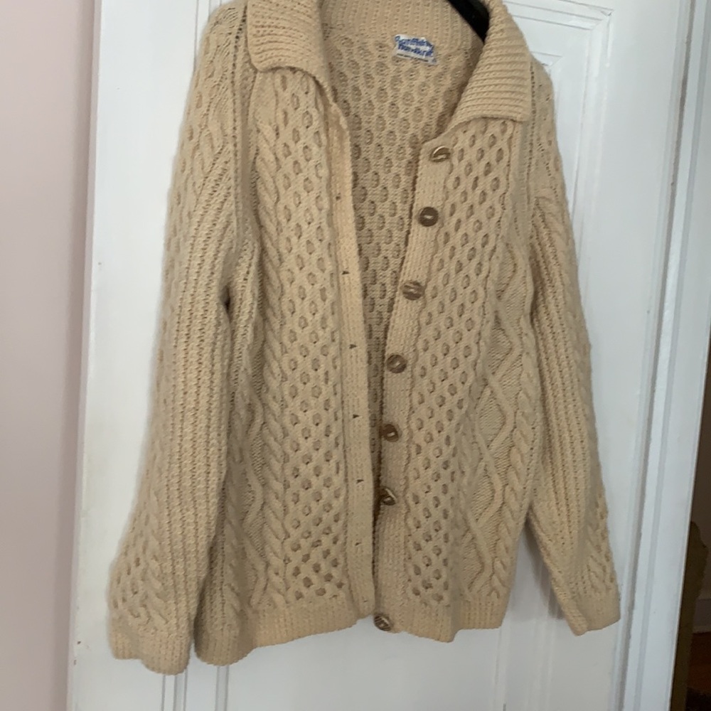 Hand knitted beige jacket pure new wool . Made in Scotland. Good used condition